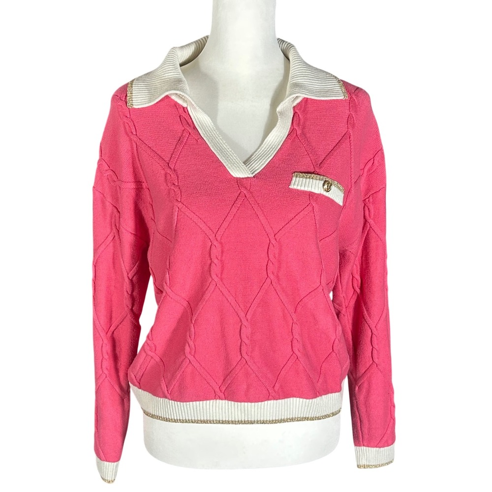 Talbots Cable Knit Sweater Womens LP Pink Gold‎ Metallic Trim Polo Collar